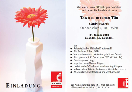 Einladung zum Tag der offenen Tür / Canisiuswerk Am 31.Jänner feiert das Canisiuswerk sein 100-jähriges Bestehen